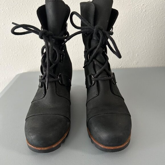 Sorel Joan Of Arctic Suede Wedge Lace Up Mid Calf Boots Size 8 Black Winter - Picture 5 of 13